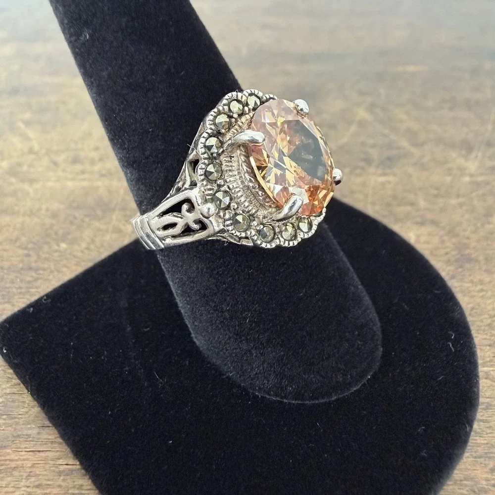 Sterling Silver Ring Oval‎ Orange CZ Marcasite Accent Oxidized Finish Size 8.75